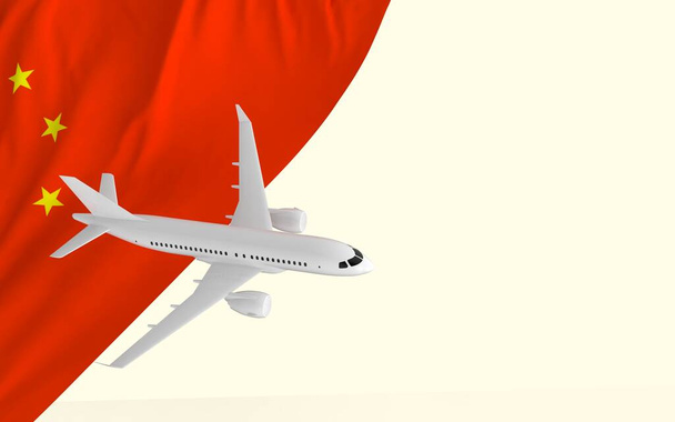 Flight by passenger airplane travel concept on the national country flag of China geopolitics and tourism banner with copy space cut out ready 3d rendering image - Φωτογραφία, εικόνα