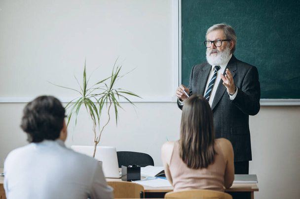 Elderly gray-headed man, professor, teacher and students at lecture, lesson at classroom, indoors. Concept of professional occupation, job, education - Foto, afbeelding