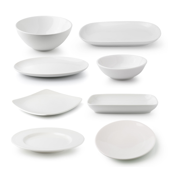 fehér kerámia tányér és tál elszigetelt fehér background - Fotó, kép