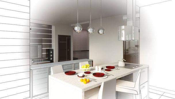 μοντέρνο εσωτερικό κουζίνας με λευκούς και μπλε τοίχους και μεγάλο παράθυρο. 3d απόδοση - Φωτογραφία, εικόνα