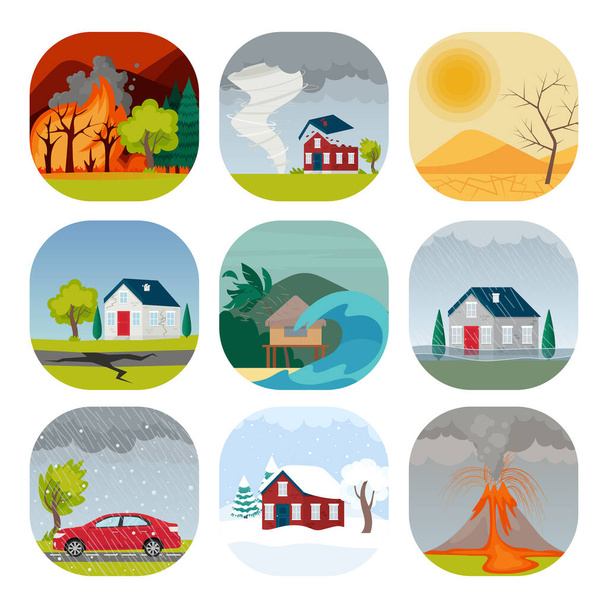 Natural disaster set of compositions with wild landscapes, houses, recreation place and forces of nature. Vector isolated illustration in cartoon flat style - Vector, Image