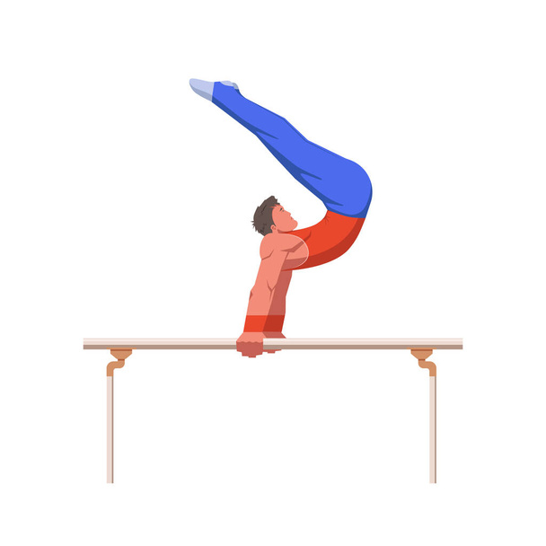 Paralel barlarda spor fiziği olan bir jimnastikçi, elleriyle statik tutuş becerisi gösteriyor. Vektör düz tasarım çizimi. Bireysel uçuş öncesi yarışma sahnesi. - Vektör, Görsel