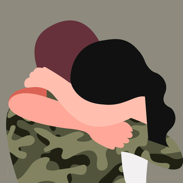 Wektor ilustracji dwóch przytulających się zakochanych osób. Dziewczyna przytula wojskowego. żołnierz wrócił z podróży służbowej ze strefy walk. rehabilitacja i reintegracja weteranów wojennych. - Wektor, obraz