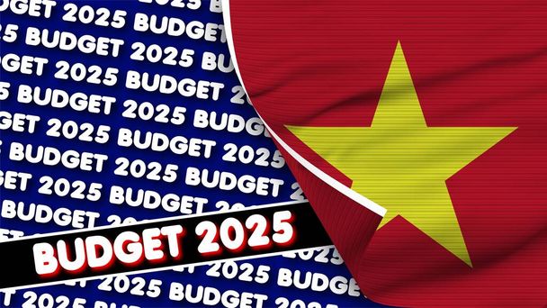予算とベトナムの現実的な旗2025タイトルファブリックテクスチャ効果3Dイラスト - 写真・画像