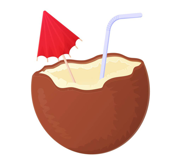 Coconut cocktail pina colada with straw and umbrella. Illustration in cartoon style. - Vector, Image