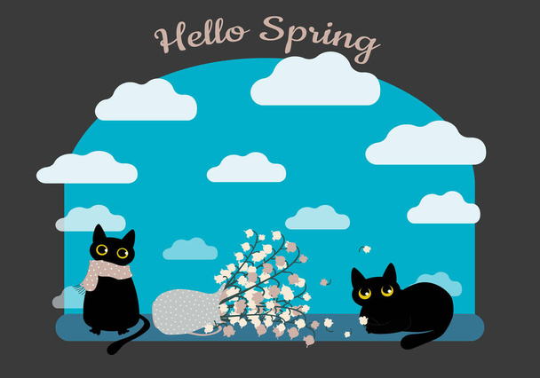 Mustat kissat ovat kääntäneet kukkamaljakon ikkunaan ja uneksivat pilvistä sinistä taivasta vasten. Kevät hauska postikortti Hei, Spring. Vektoriesimerkki. - Vektori, kuva