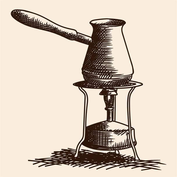 Ein Turka mit Kaffee steht auf einem Primuskocher. Handgemachte Kurzskizze auf beigem Hintergrund. - Vektor, Bild