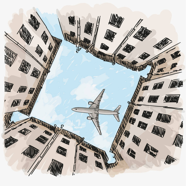 Sky view from a courtyard surrounded by multi-storey buildings. The plane is flying in the sky. Quick hand sketch. - Vector, Imagen