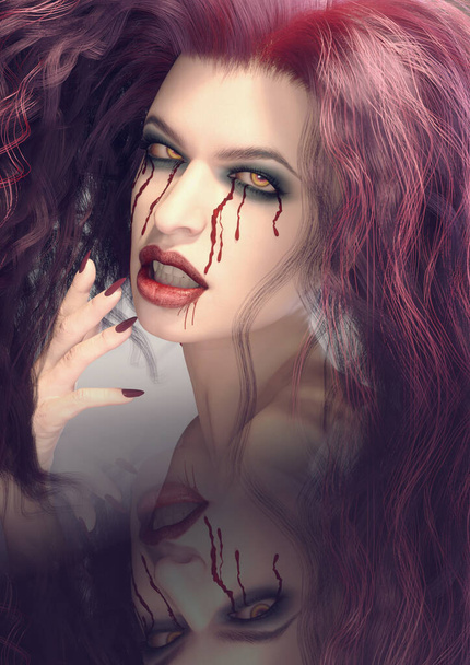 A 3d digital render of a female vampire portrait with tears of blood running down her face. - 写真・画像