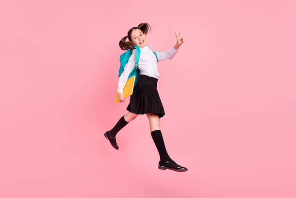 Full body photo of brunette tail little girl jump v-sign hold copybook jump up isolated on pink color background - Fotoğraf, Görsel
