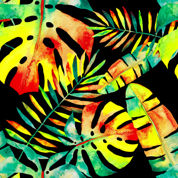 Vesiväri saumaton kuvio värikkäitä abstrakteja trooppisia lehtiä. Kirkas kesän tulostaa eksoottisia kasveja. Luova trendikäs kasvitieteellinen tekstiilisuunnittelu. - Valokuva, kuva