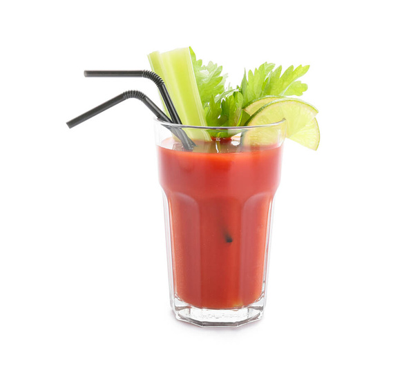 Glass of bloody mary cocktail garnished with cilantro and lime on white background - Fotografie, Obrázek