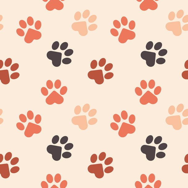 猫、犬、子犬の足。ピンクの背景にペットの混沌とした多色の足跡。流行の生地のためのシームレスなパターン、獣医院のバナー、動物のための装飾枕。ベクトル. - ベクター画像