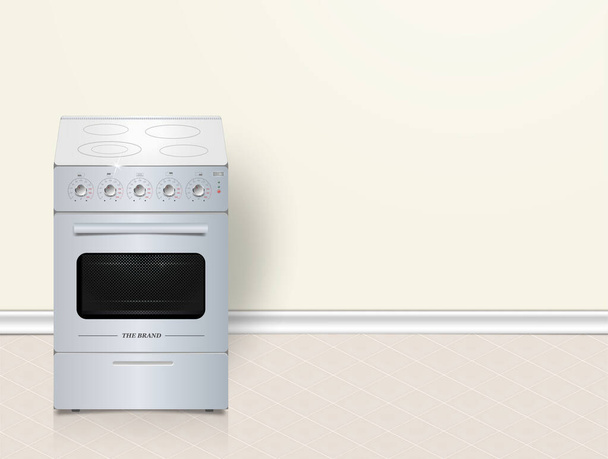 векторная 3d белая кухонная плита на плитке. кухонная техника фоновая иллюстрация. дизайн кухни, уборка помещений - Вектор,изображение