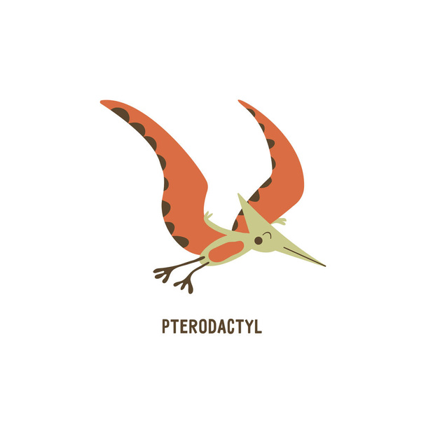 Pterodáctilo. Flying archosaurus pterosaur, extinct ancient winged lizard, Jurassic period. Era mesozoica. Tarjeta. Colorido vector ilustración aislada dibujado a mano. Fondo blanco - Vector, imagen