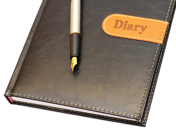 geïsoleerd van de gouden pen en een lederen dagboek - Foto, afbeelding