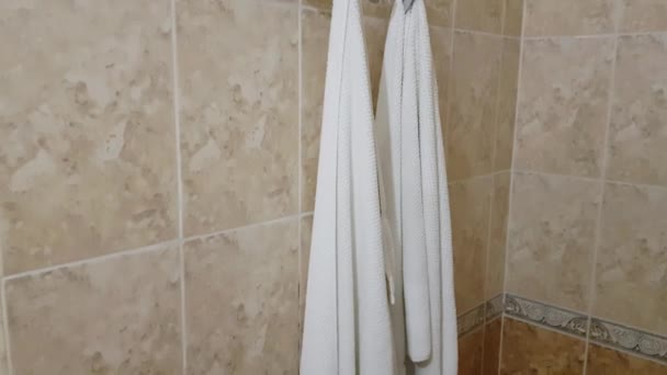 4k video, Držák kovových ručníků v koupelně se dvěma bílými froté ručníky - Záběry, video