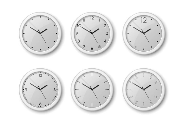 Vector 3d Realistic White Wall Office Clock Icon Set Isolated on White. White Dial. Design Template of Wall Clock Closeup. Mock-up for Branding and Advertise. Top, Front View - Wektor, obraz