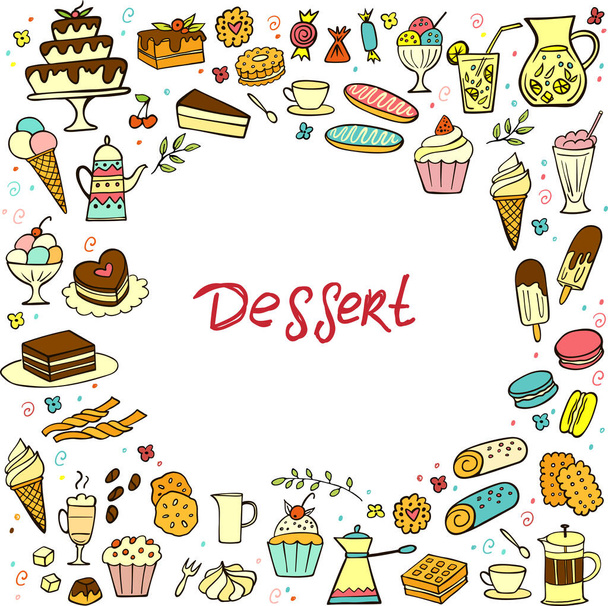Frame from colorful doodle sweets food on white background. Vector illustration. Cakes, biscuits, baking, cookie, donut, ice cream, macaroons, coffee. Perfect for dessert menu or design. - Vektör, Görsel