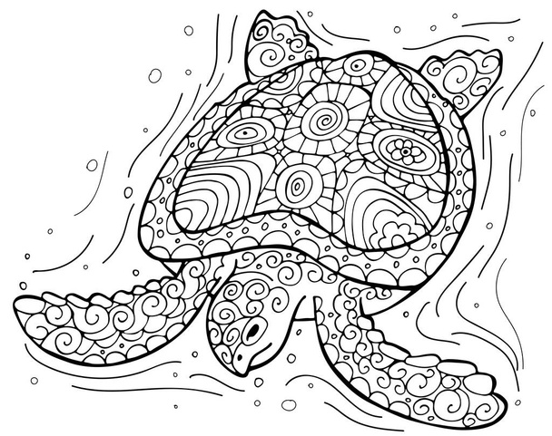 Stylized underwater turtle isolated on white background. Perfect for adult antistress coloring page, T shirt print, logo or tattoo with doodle, invitation, greeting card. - Vector, Image