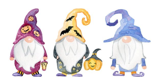Halloween banner for social networks cute watercolor gnomes with pumpkins - Photo, Image