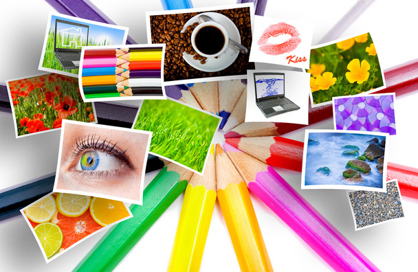 Farbstifte in verschiedenen Farbradfarben und mehrere Fotos auf weißem Hintergrund - Foto, Bild