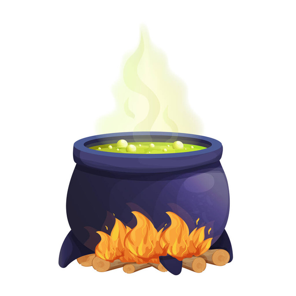 緑の魔法のスープと不気味な魔女の釜、白の背景に隔離された漫画のスタイルで火災。UIアセット、ラボゲーム、クラフトオブジェクト - ベクター画像