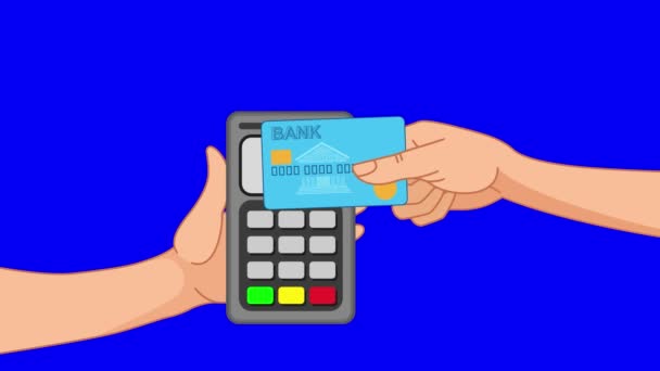 Hyödynnä Pos terminaali ja luottokortti. Käsi työntää luottokortin kohti pankkikortinlukijaa. Maksaminen luottokortilla ja maksutapahtuman hyväksymisprosessi. Eristetty sininen chroma avain - Materiaali, video