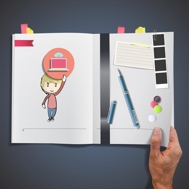 Kid holding icon web printed on book. - Vector, Image