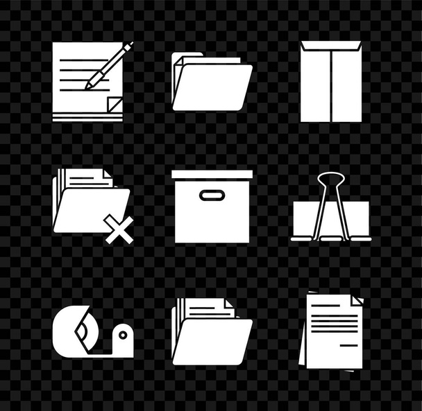 Définir Bloc-notes et stylo vierges, Dossier de document, Enveloppe, Scotch, Document de fichier, Supprimer et Carton icône boîte en carton. Vecteur - Vecteur, image