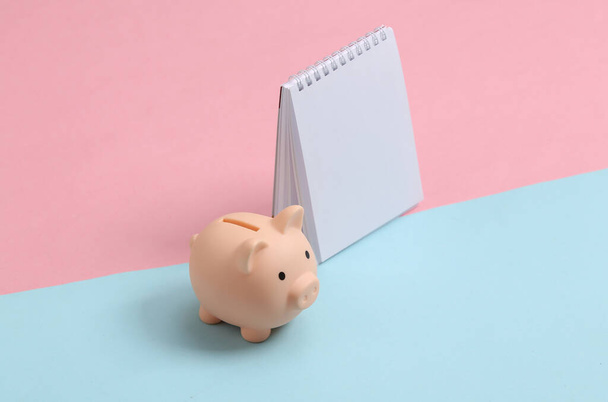Notebook and piggy bank stands on blue-pink pastel background. Minimalism - Foto, Bild