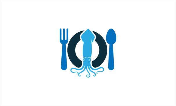 Deniz ürünleri restoranı çatal tabağı ve mürekkep balığı simgesi logo tasarımı çizimi - Vektör, Görsel