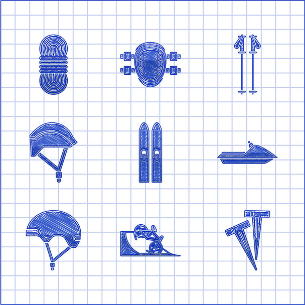 Комплект Лыжи и палочки, Велосипед на улице рампы, Пеги для палаток, Jet лыжи, шлем, шлем, палки и альпинистские веревки значок. Вектор - Вектор,изображение