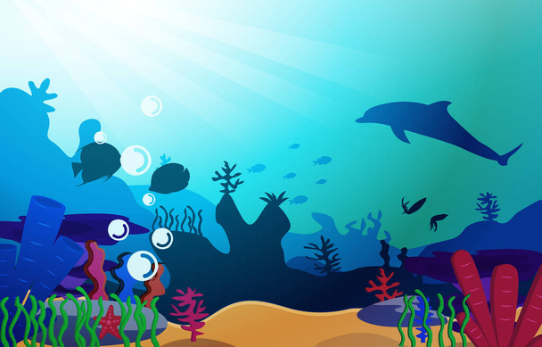 Faune Dauphin Poisson Mer Océan Plat aquatique sous-marin Illustration - Vecteur, image