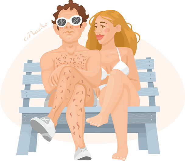 Мужчина и женщина на скамейке летом
 - Вектор,изображение