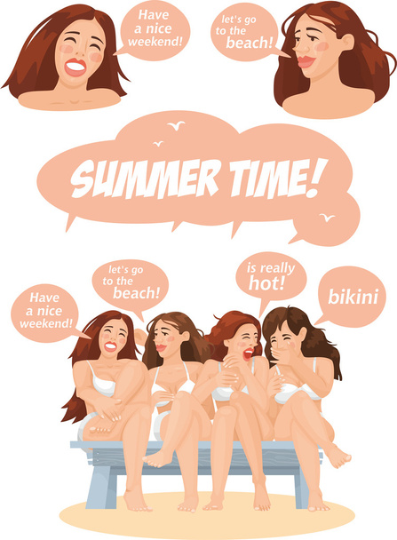 Happy girls in bathing suits on the bench vector set - Vector, Image