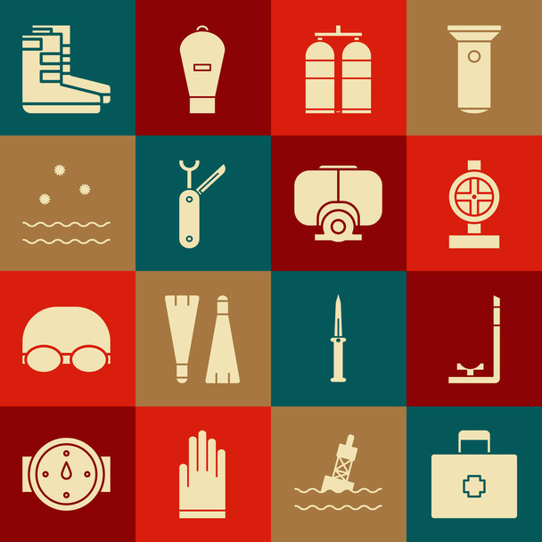 Set First aid kit, Snorkel, Industry metallic pipes and valve, Aqualung, Swiss army knife, Cold waves, Boots and Diving mask icon. Vector - Vektori, kuva