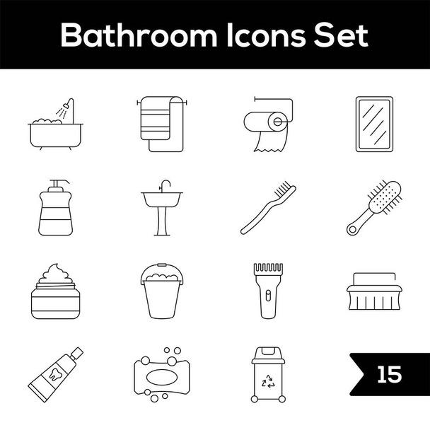 Black Outline 15 Bathroom Icons on White Background. - Διάνυσμα, εικόνα