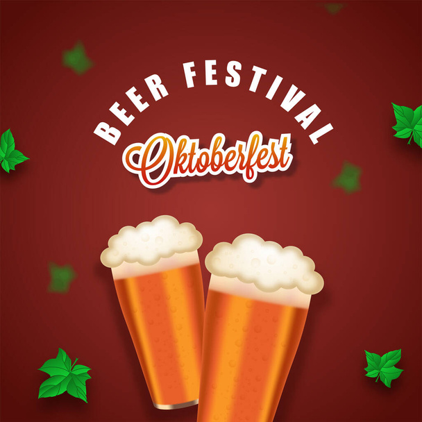 Oktoberfest Beer Festival Concept With Realistic Beer Glasses And Green Hops Leaves On Red Background. - Vektor, obrázek