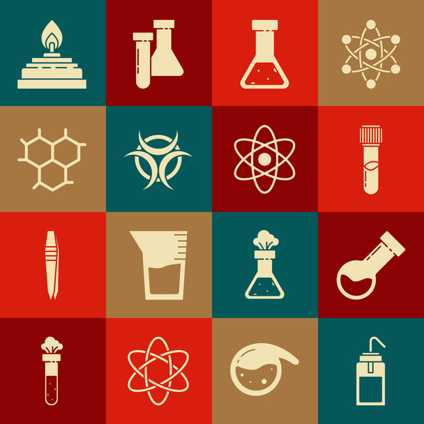 Set Botella de lavado de laboratorio, tubo de ensayo y matraz químico, símbolo de riesgo biológico, fórmula química, quemador de alcohol e icono de átomo. Vector - Vector, imagen