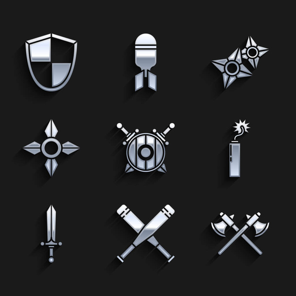 Set Wooden shield with crossed swords, Crossed baseball bat, medieval axes, Dynamite bomb stick clock, Medieval, Japanese ninja shuriken, and Shield icon. Vector - Vector, Image