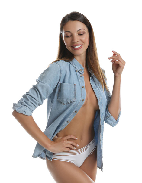 Sexy woman in panties and shirt on white background - Fotografie, Obrázek