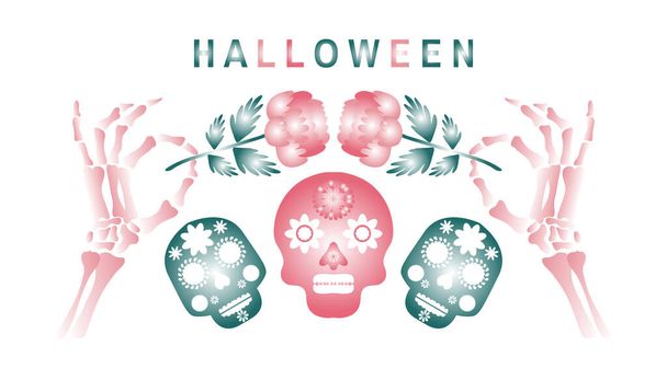 Happy Halloween  neon template background. Festive  banner, poster  with  Calavera la Catrina, skulls,  skeleton. flowers. Vector illustration - ベクター画像