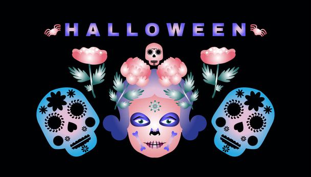 Feliz Halloween neon template background. Bandeira festiva, cartaz com Calavera la Catrina, crânios, esqueleto. flores. Ilustração vetorial - Vetor, Imagem
