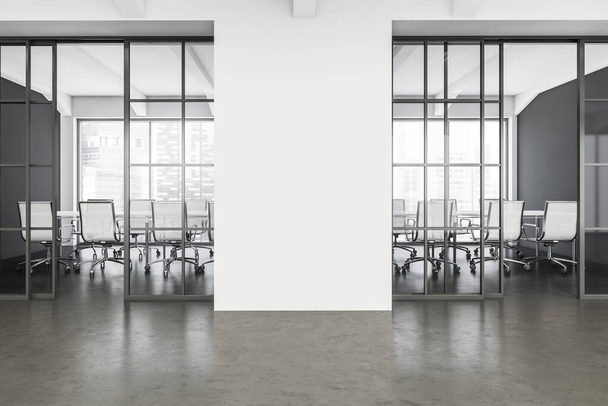White and grey office interior of a modern company with empty space and white wall between sliding doors and panoramic meeting room in the background. 3d rendering - Photo, Image