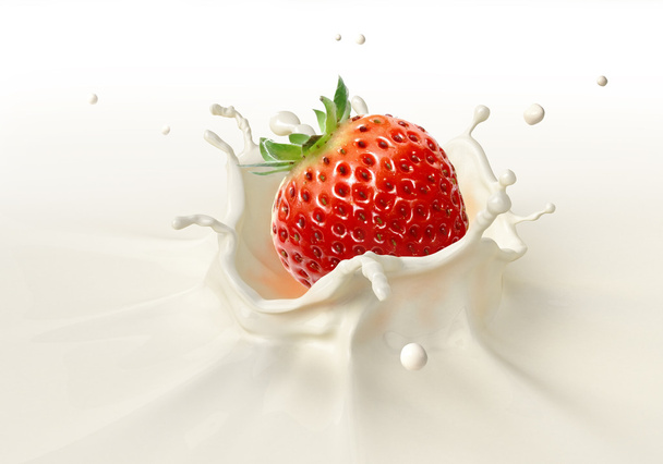 Strawberry falling into milk splashing. - Foto, immagini