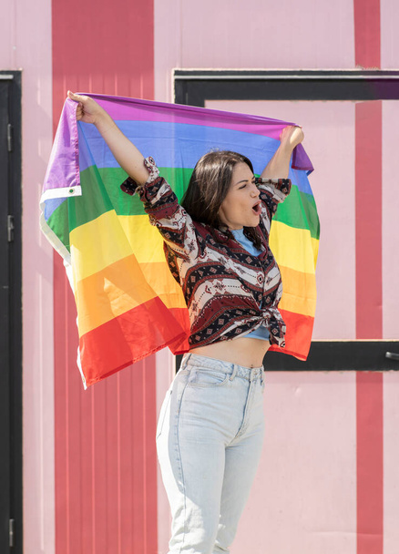 woman with gay pride flag, lgbt concept - Foto, Imagen