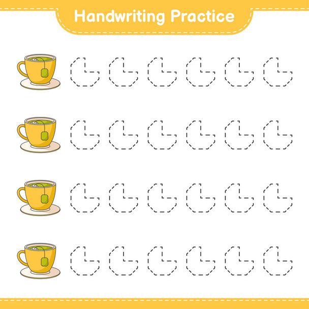 Handschrift oefenen. Traceerlijnen van Tea Cup. Educatieve kinderen spel, Werkblad afdrukken, vectorillustratie - Vector, afbeelding
