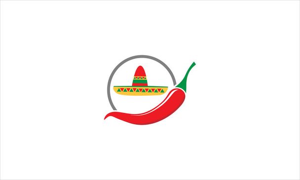 Piment rouge avec icône chapeau mexicain illustration design logo  - Vecteur, image
