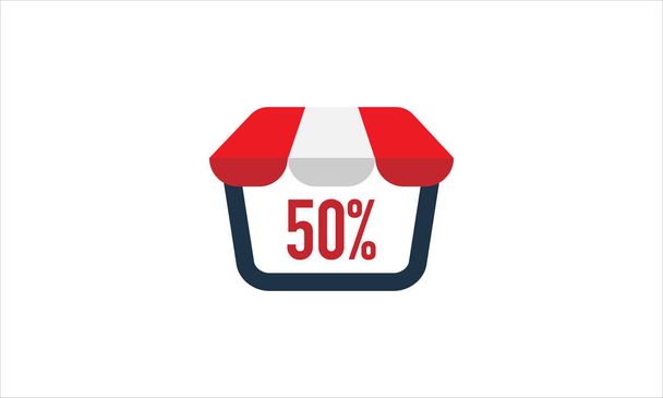 50 por ciento de descuento en la ventana de la tienda de compras con el diseño del logotipo de la tienda de campaña de sombra roja y blanca - Vector, imagen